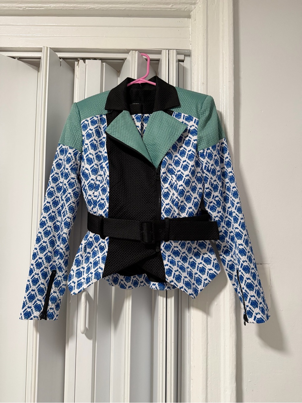 Peter Pilotto Blue, Mint & Black Patterned Belted Jacket
